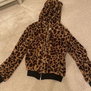 Cheetah print fluffy jacket with hood